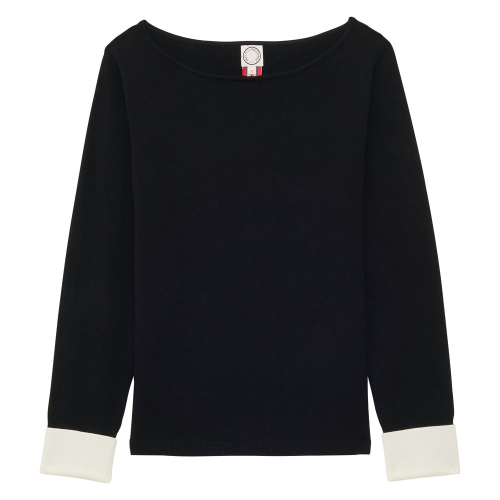 Ines De La Fressange Pull Gigi En Laine Mérinos Noire, Poignets Blancs In Black