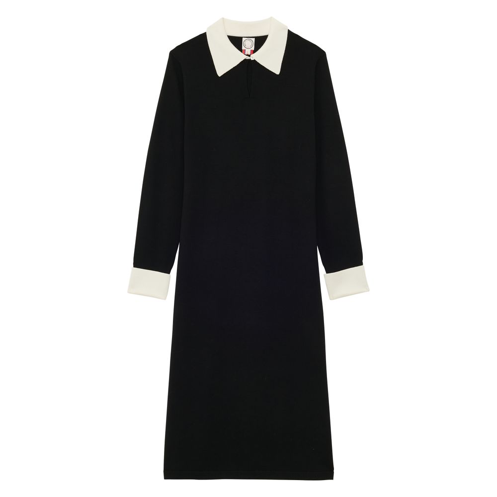 Ines De La Fressange Robe Gabby En Laine Mérinos Noire, Poignets Blancs
