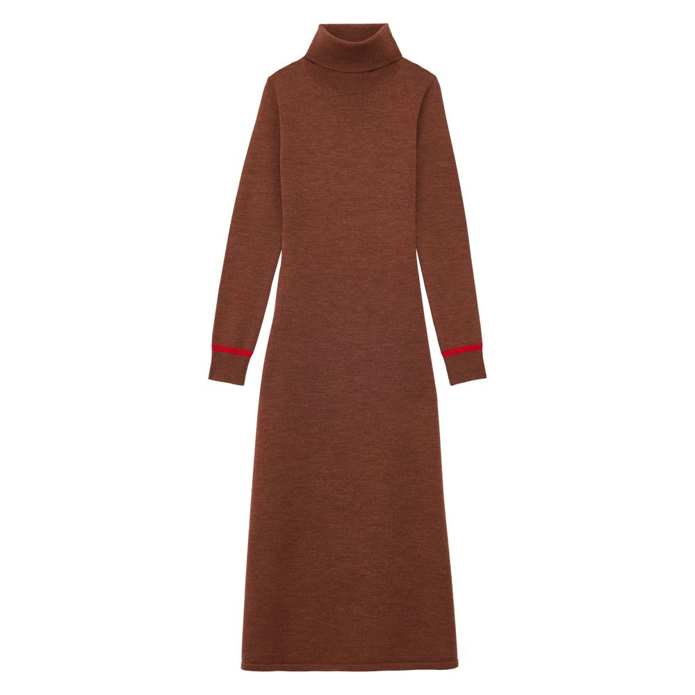 Ines De La Fressange Robe Divine À Col Roulé Marron, Liseré Fuchsia