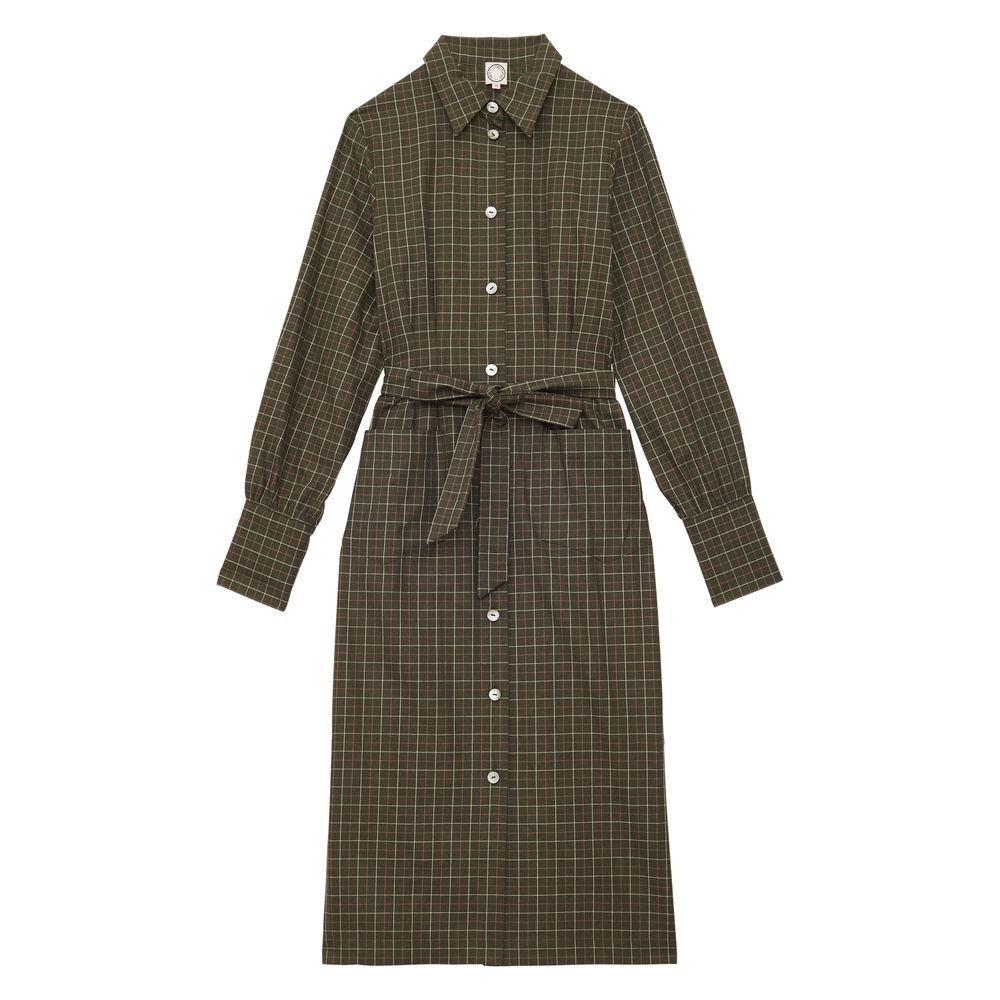 Ines De La Fressange Robe Rosabella En Coton Kaki À Carreaux