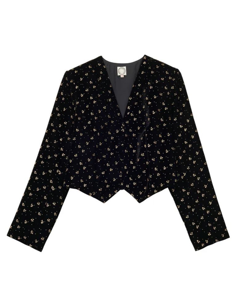 Ines De La Fressange Veste-boléro Ole En Velours Lisse Noir, Imprimé Doré In Black