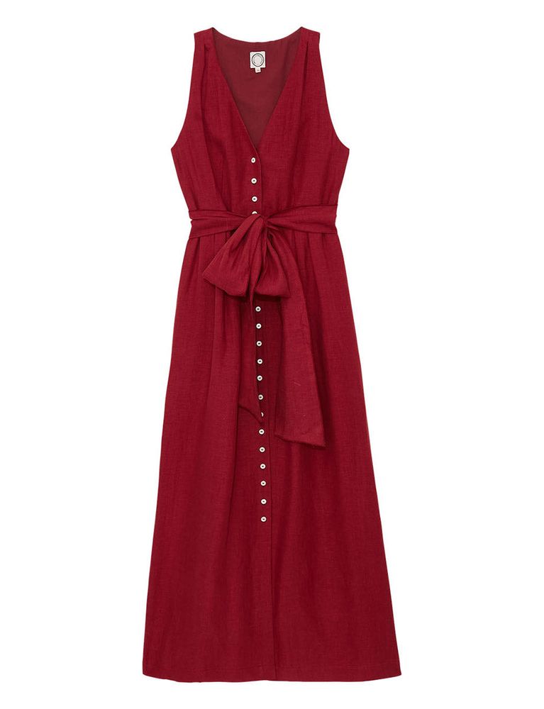 Ines De La Fressange Robe Ambre Longue En Lin Framboise In Red