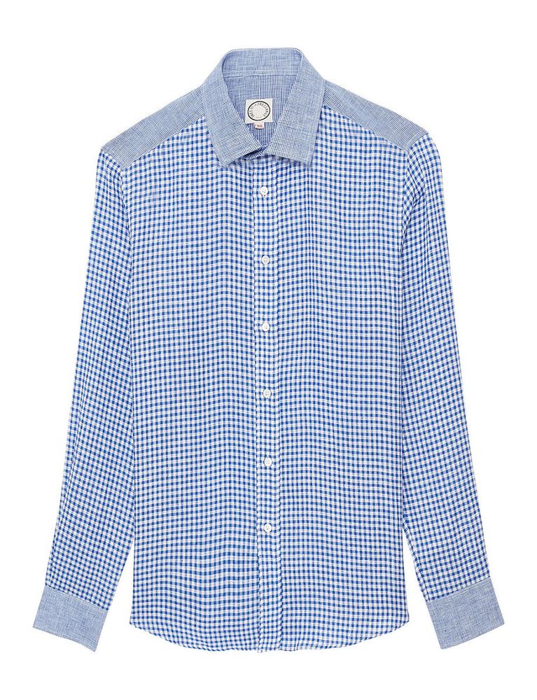 Ines De La Fressange Chemise Pour Homme Olivier En Lin, Motif Vichy Bleu Et Empiècements In Blue
